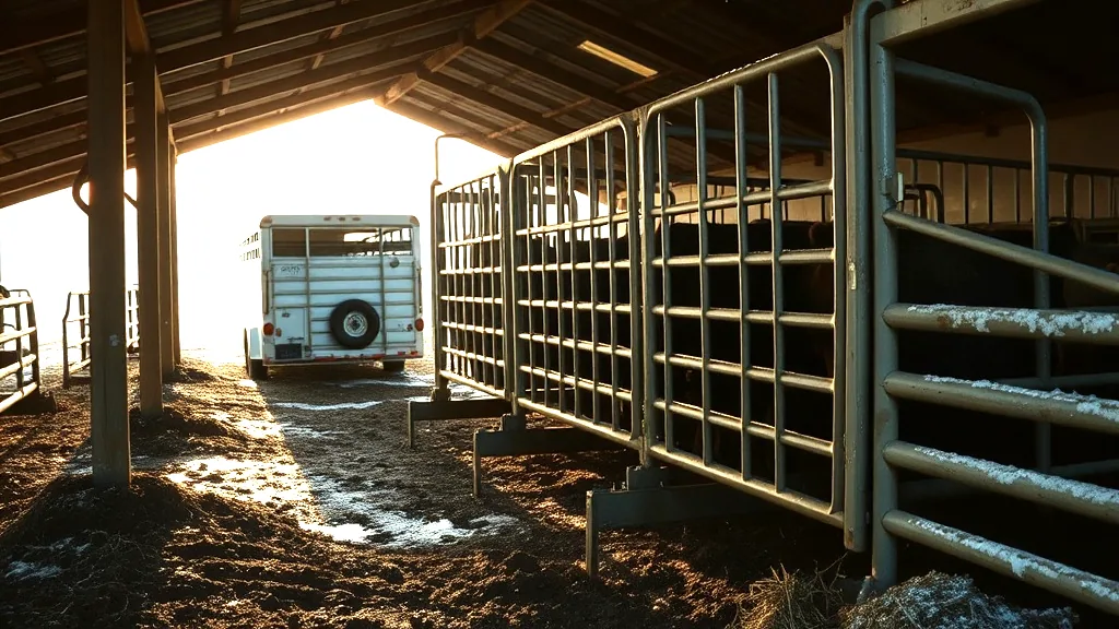 A steel cattle working chute under a shed roof at first light, frost on the rails and a stock trailer parked beyond it.