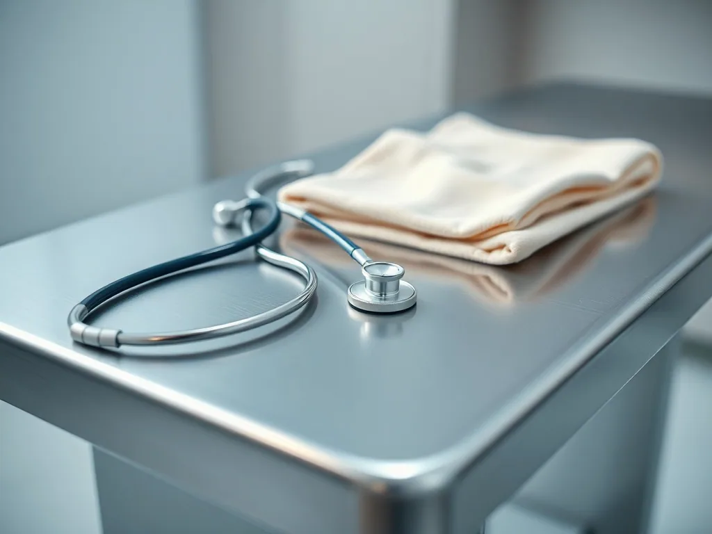 A stainless steel exam table top with a stethoscope, a thermometer and a folded towel lying on it.