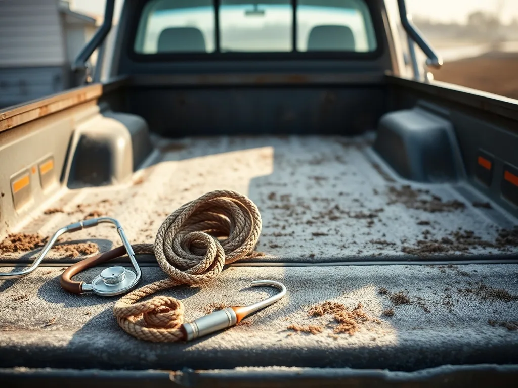 A stethoscope, a coiled rope halter and a pair of nippers laid out on the frosted bed of a farm truck.