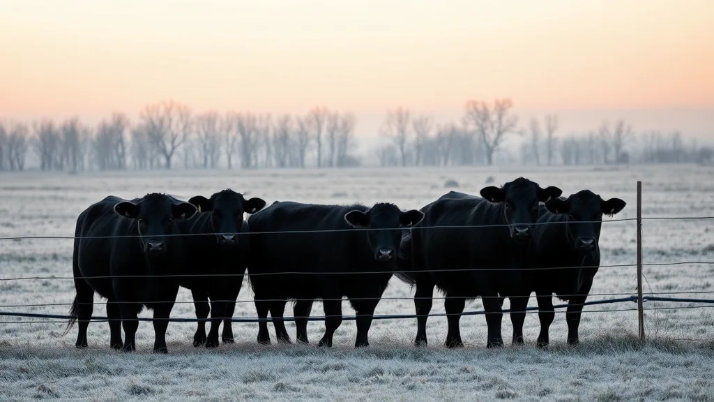 Black cattle standing at a wire fence in a frosted pasture at sunrise, bare trees along the far edge.